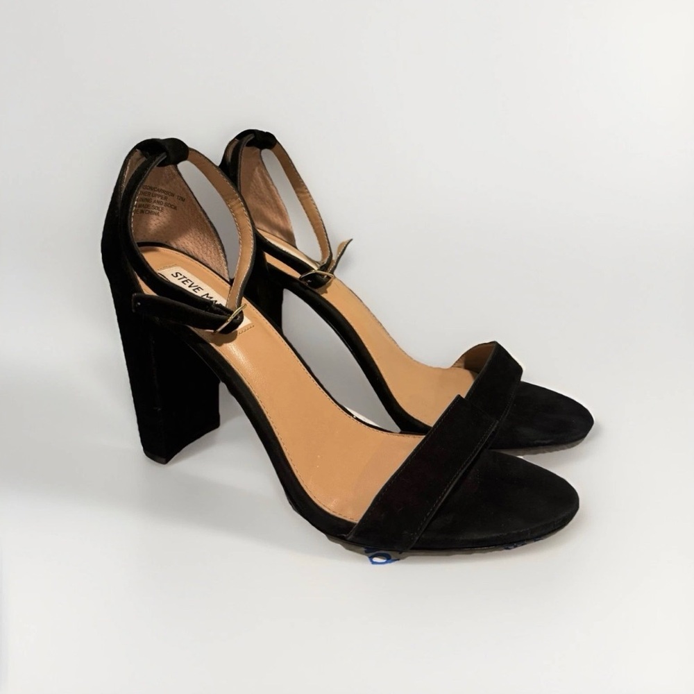 Steve Madden Carrson Black Suede Buckle Ankle Strap Block Heel Sandal Sz 12